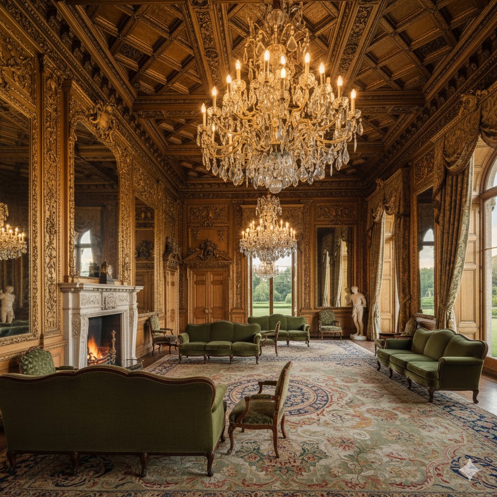 A luxurious, opulent room with chandeliers and classic furniture.