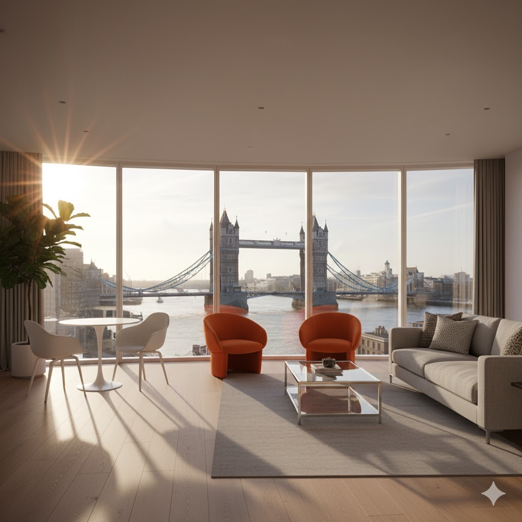 A modern apartment living room with a stunning view of the Tower Bridge in London.