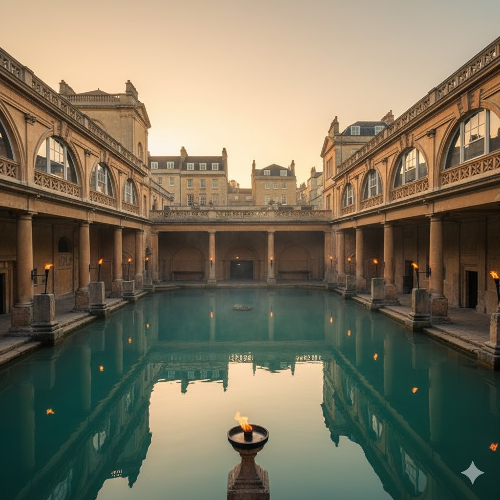 The ancient Roman Baths in Bath, with stone pillars and steaming green water.