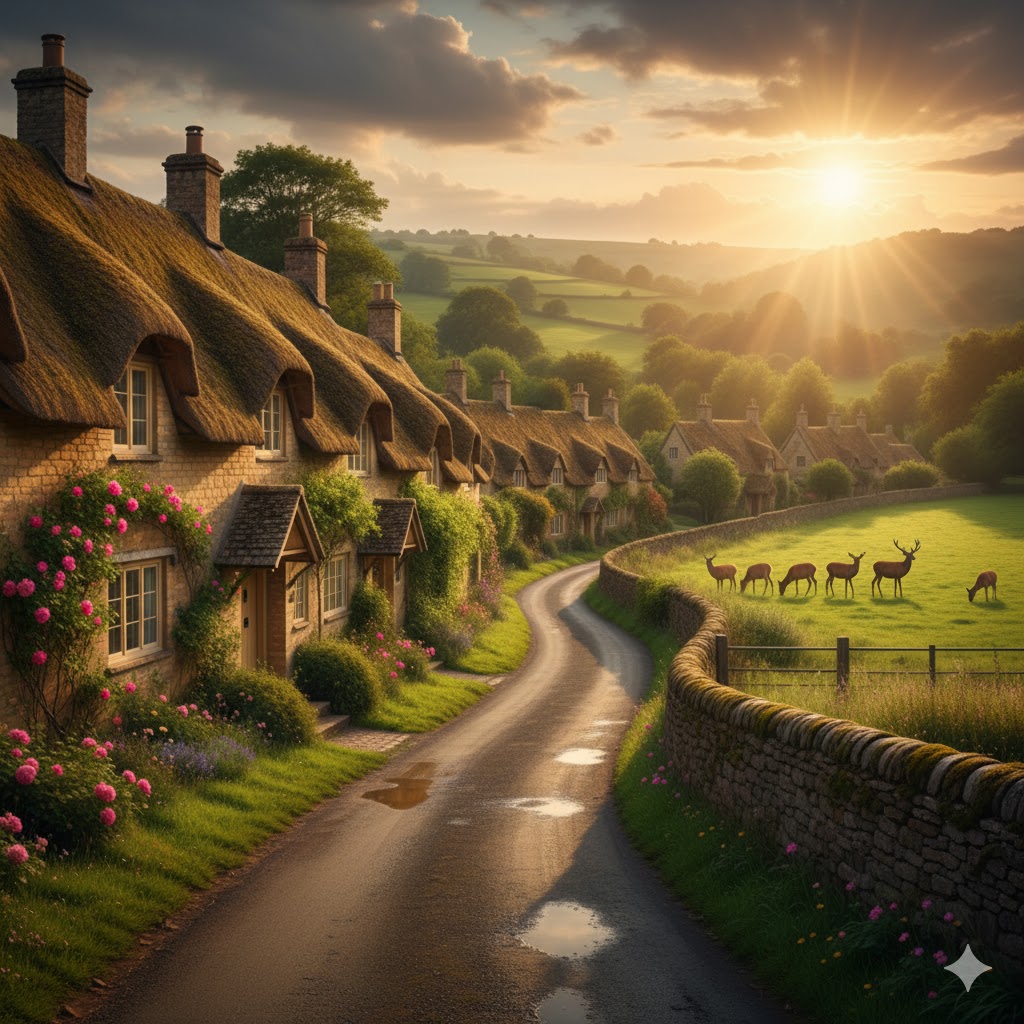 A charming, thatched-roof cottage in the Cotswolds with sheep grazing nearby.