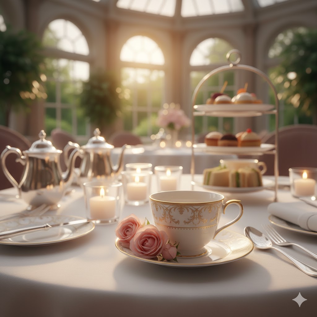 A luxurious afternoon tea service with fine china.