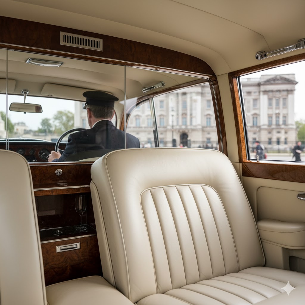The plush leather interior of a classic chauffeur-driven car.