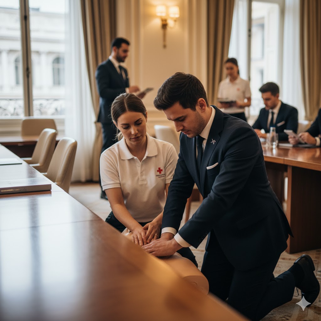 A professional concierge in a luxury hotel lobby, offering impeccable service.